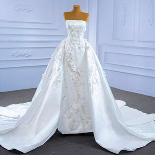 Beaded Handmade Flower Satin Strapless Wedding Dress - Rosymae
