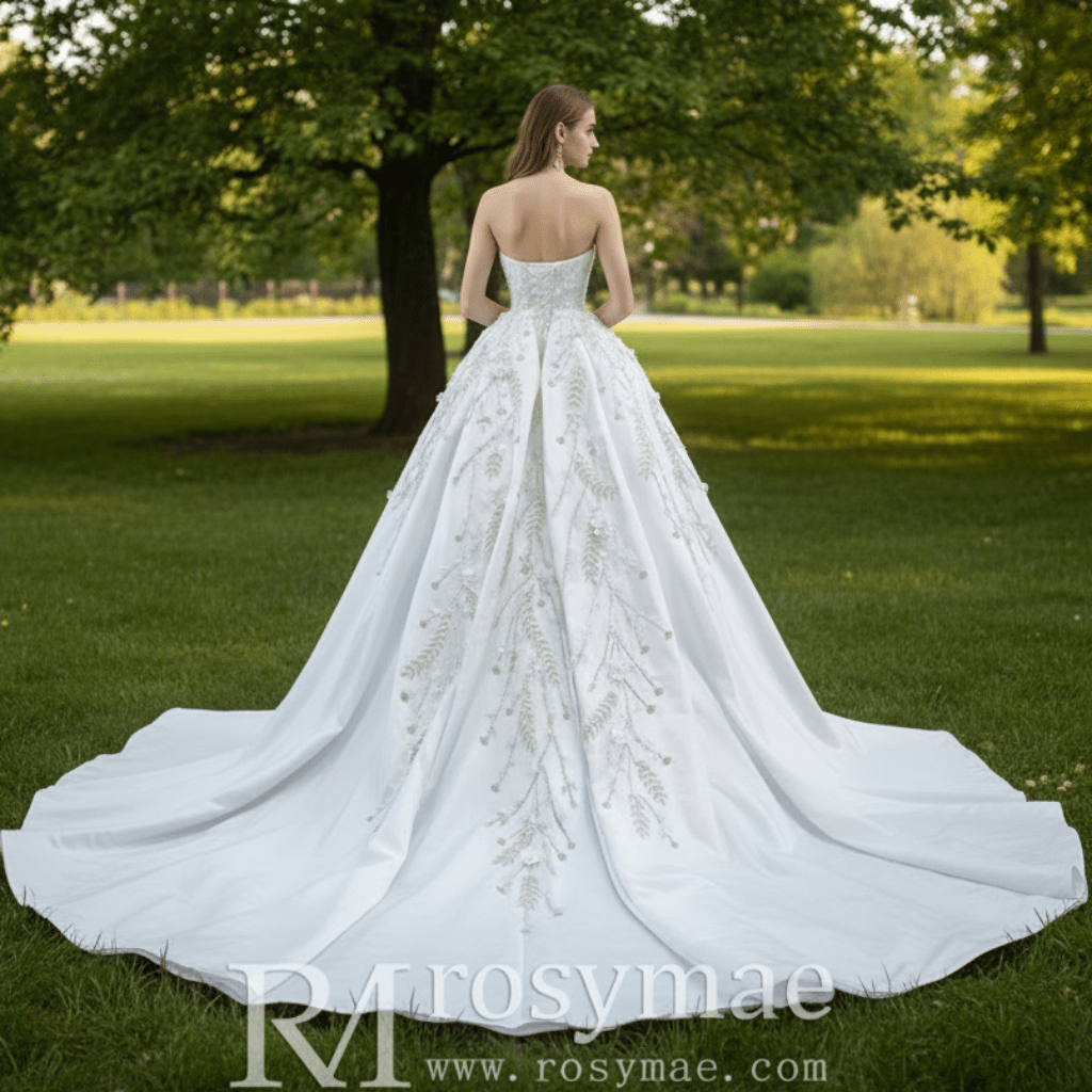 Beaded Handmade Flower Satin Strapless Wedding Dress - Rosymae
