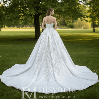 Beaded Handmade Flower Satin Strapless Wedding Dress - Rosymae