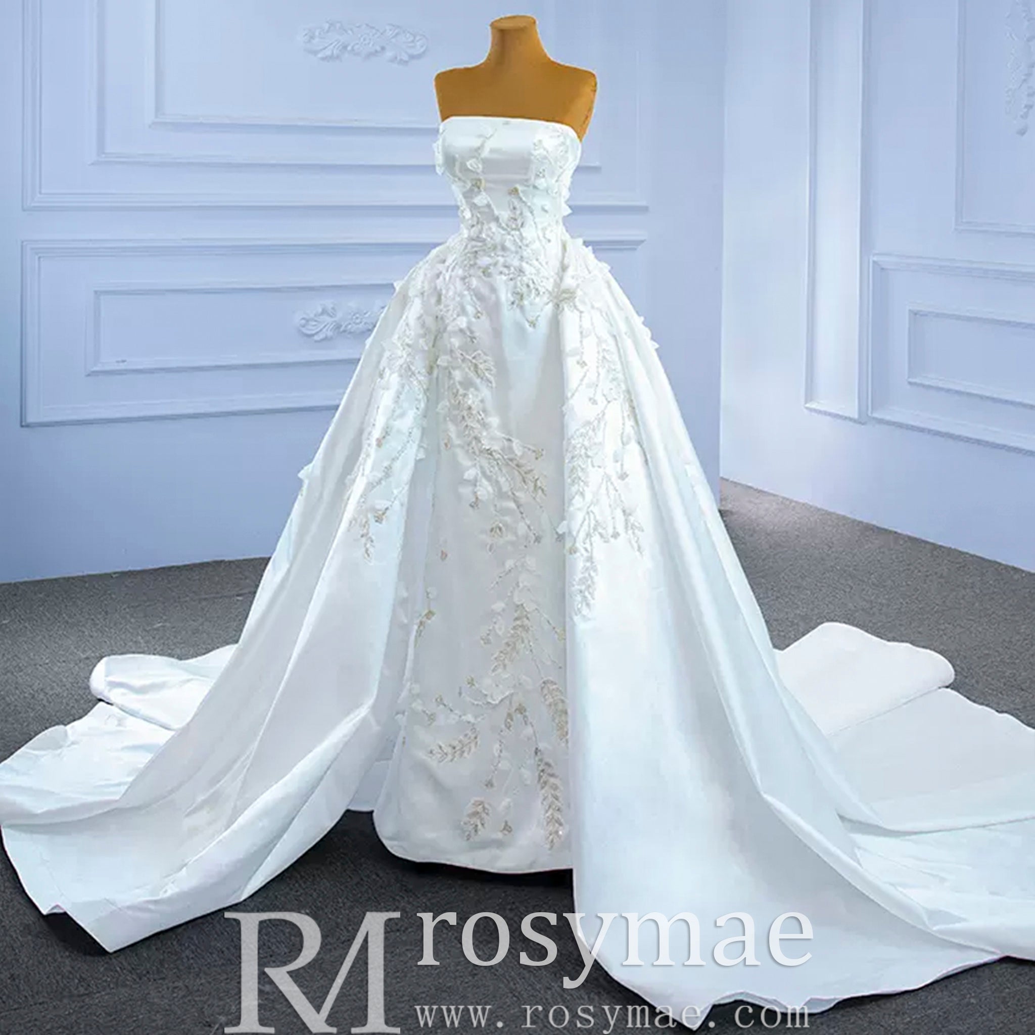 Beaded Handmade Flower Satin Strapless Wedding Dress - Rosymae