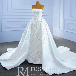 Beaded Handmade Flower Satin Strapless Wedding Dress - Rosymae
