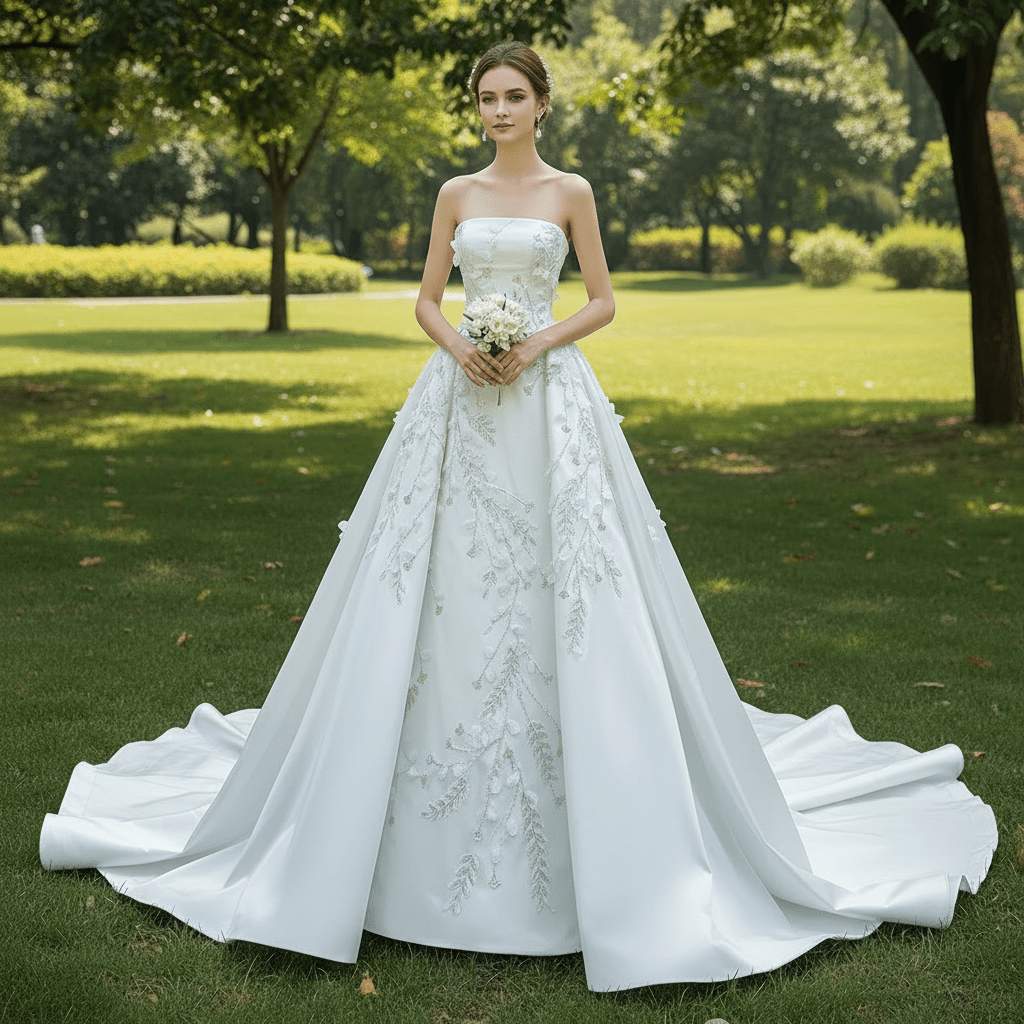 Beaded Handmade Flower Satin Strapless Wedding Dress - Rosymae