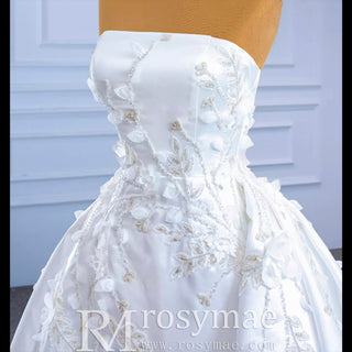 Beaded Handmade Flower Satin Strapless Wedding Dress - Rosymae