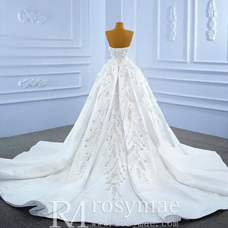 Beaded Handmade Flower Satin Strapless Wedding Dress - Rosymae