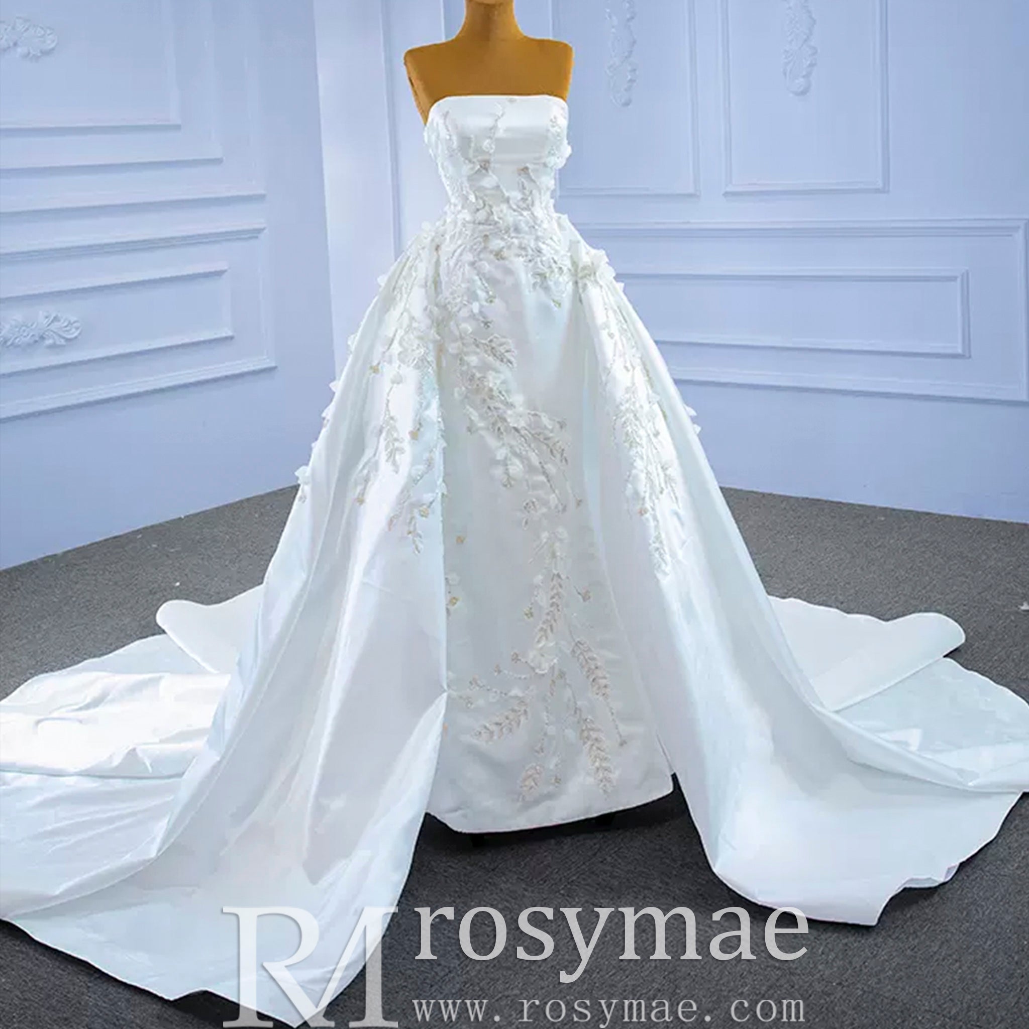 Beaded Handmade Flower Satin Strapless Wedding Dress - Rosymae