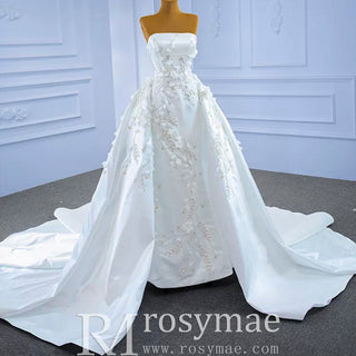 Beaded Handmade Flower Satin Strapless Wedding Dress - Rosymae