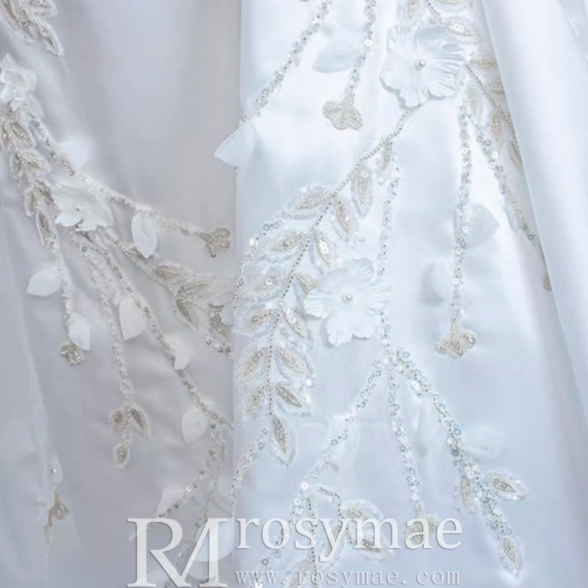 Beaded Handmade Flower Satin Strapless Wedding Dress - Rosymae