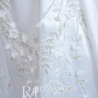 Beaded Handmade Flower Satin Strapless Wedding Dress - Rosymae