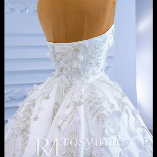 Beaded Handmade Flower Satin Strapless Wedding Dress - Rosymae