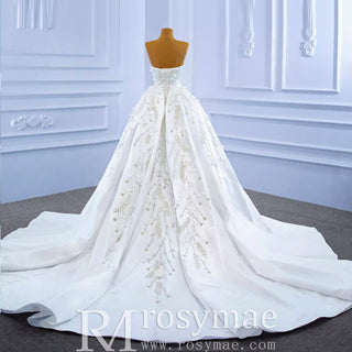 Beaded Handmade Flower Satin Strapless Wedding Dress - Rosymae
