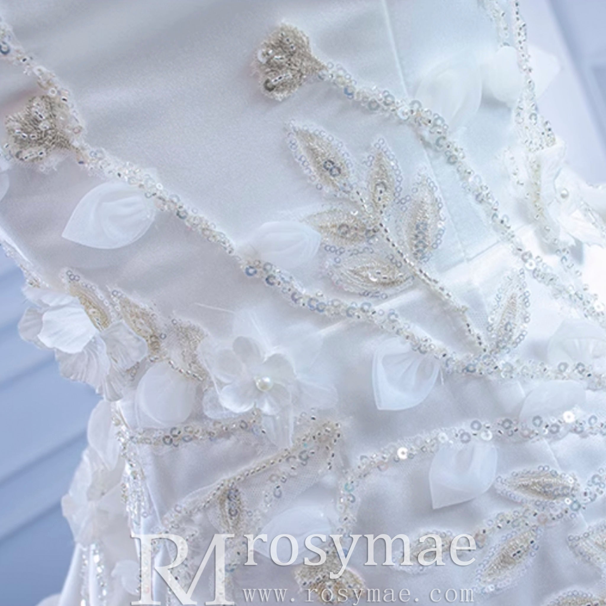 Beaded Handmade Flower Satin Strapless Wedding Dress - Rosymae