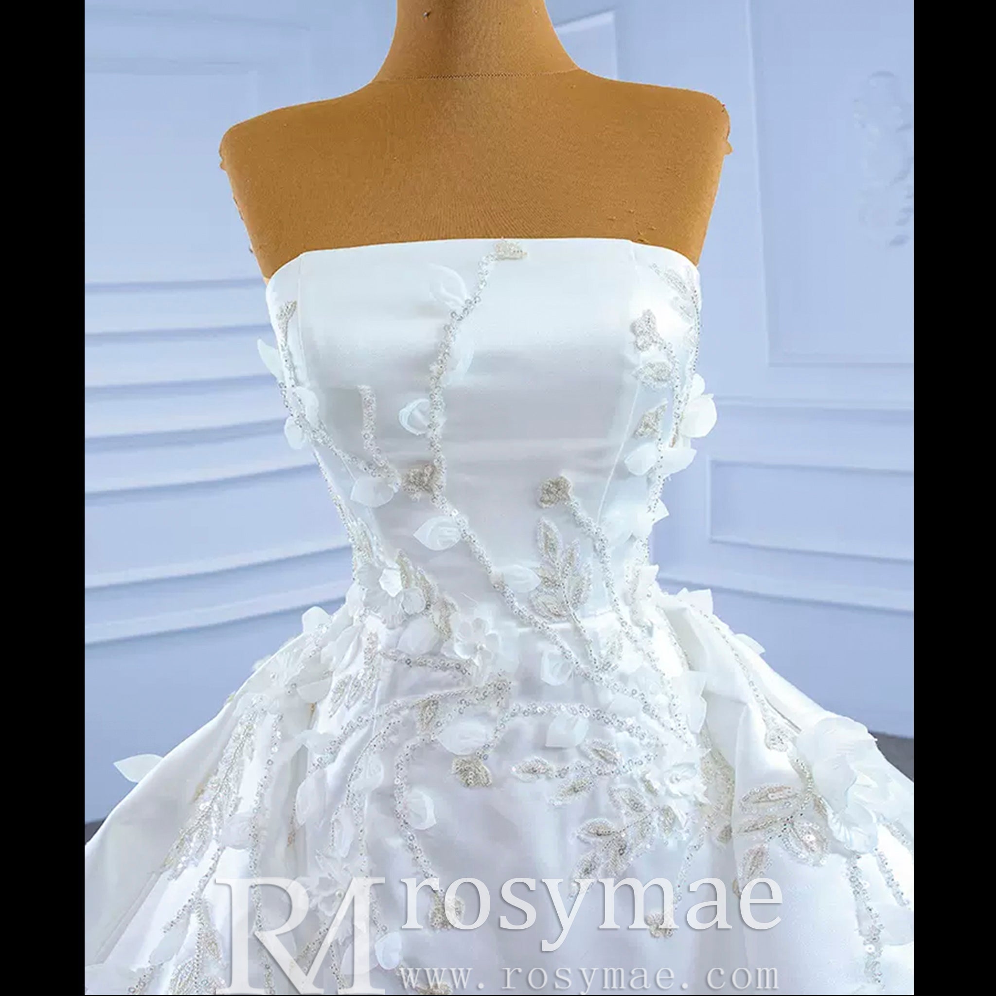 Beaded Handmade Flower Satin Strapless Wedding Dress - Rosymae