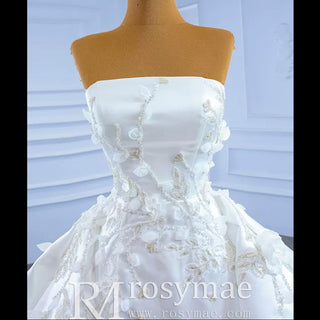 Beaded Handmade Flower Satin Strapless Wedding Dress - Rosymae