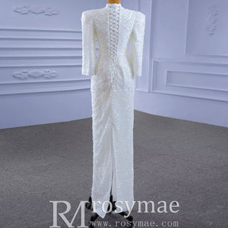 Beaded High Neck Sheath Wedding Dress with Long Sleeves - Rosymae