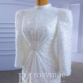 Beaded High Neck Sheath Wedding Dress with Long Sleeves - Rosymae