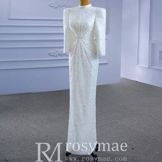 Beaded High Neck Sheath Wedding Dress with Long Sleeves - Rosymae