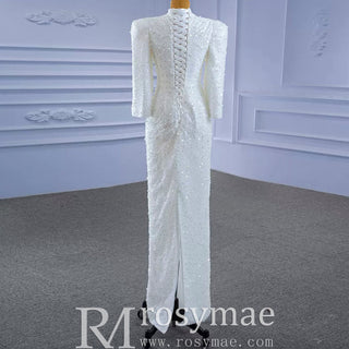 Beaded High Neck Sheath Wedding Dress with Long Sleeves - Rosymae