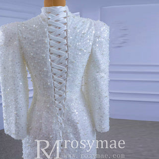 Beaded High Neck Sheath Wedding Dress with Long Sleeves - Rosymae