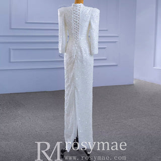 Beaded High Neck Sheath Wedding Dress with Long Sleeves - Rosymae
