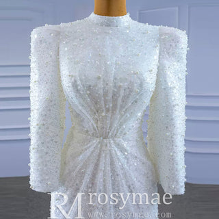 Beaded High Neck Sheath Wedding Dress with Long Sleeves - Rosymae