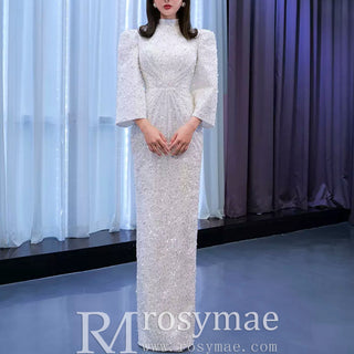Beaded High Neck Sheath Wedding Dress with Long Sleeves - Rosymae