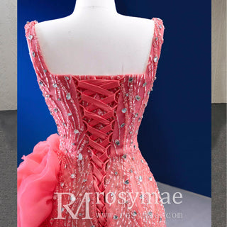 Beaded Hot Pink Ruffled Mermaid Evening Dress Square Neck Prom Gown - Rosymae