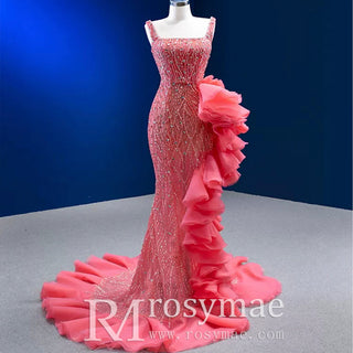 Beaded Hot Pink Ruffled Mermaid Evening Dress Square Neck Prom Gown - Rosymae