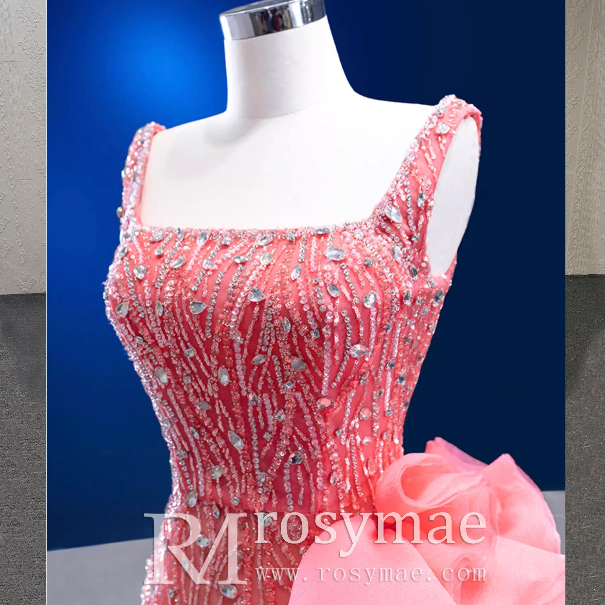 Beaded Hot Pink Ruffled Mermaid Evening Dress Square Neck Prom Gown - Rosymae