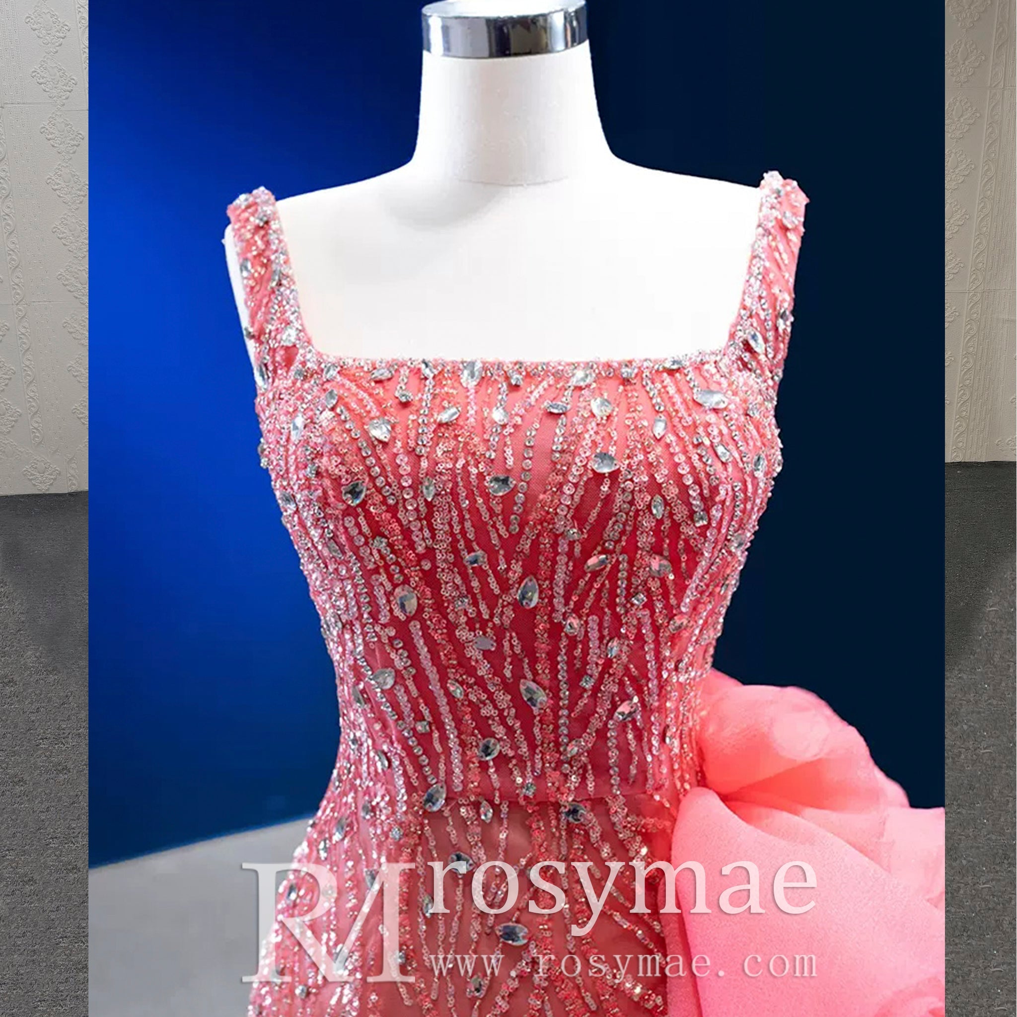 Beaded Hot Pink Ruffled Mermaid Evening Dress Square Neck Prom Gown - Rosymae