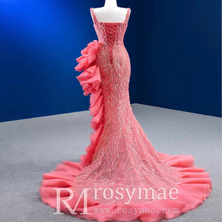 Beaded Hot Pink Ruffled Mermaid Evening Dress Square Neck Prom Gown - Rosymae