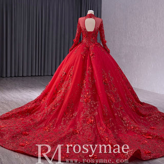 Beaded Keyhole Puffy Wedding Gown Long Sleeve Quinceanera Dress - Rosymae