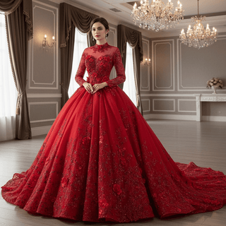 Beaded Keyhole Puffy Wedding Gown Long Sleeve Quinceanera Dress - Rosymae