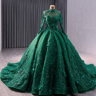 Beaded Keyhole Puffy Wedding Gown Long Sleeve Quinceanera Dress - Rosymae