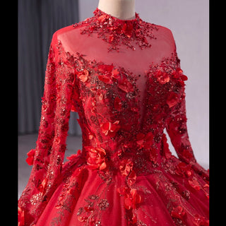 Beaded Keyhole Puffy Wedding Gown Long Sleeve Quinceanera Dress - Rosymae