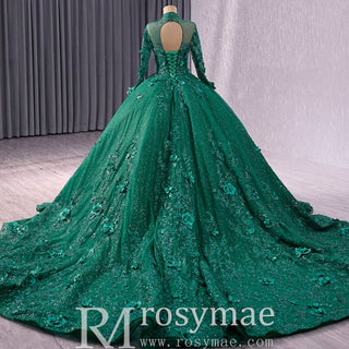 Beaded Keyhole Puffy Wedding Gown Long Sleeve Quinceanera Dress - Rosymae