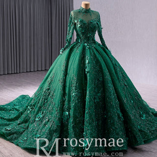Beaded Keyhole Puffy Wedding Gown Long Sleeve Quinceanera Dress - Rosymae