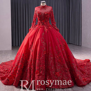 Beaded Keyhole Puffy Wedding Gown Long Sleeve Quinceanera Dress - Rosymae