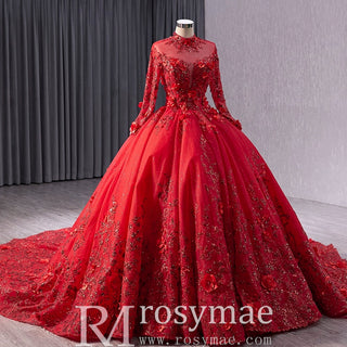 Beaded Keyhole Puffy Wedding Gown Long Sleeve Quinceanera Dress - Rosymae
