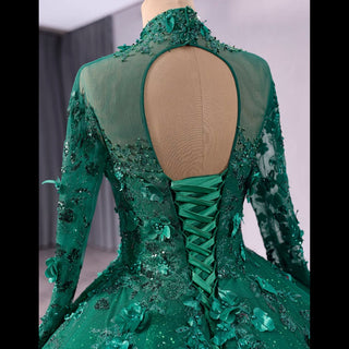 Beaded Keyhole Puffy Wedding Gown Long Sleeve Quinceanera Dress - Rosymae