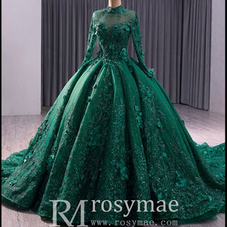 Beaded Keyhole Puffy Wedding Gown Long Sleeve Quinceanera Dress - Rosymae