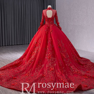 Beaded Keyhole Puffy Wedding Gown Long Sleeve Quinceanera Dress - Rosymae
