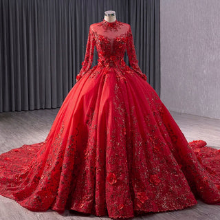 Beaded Keyhole Puffy Wedding Gown Long Sleeve Quinceanera Dress - Rosymae