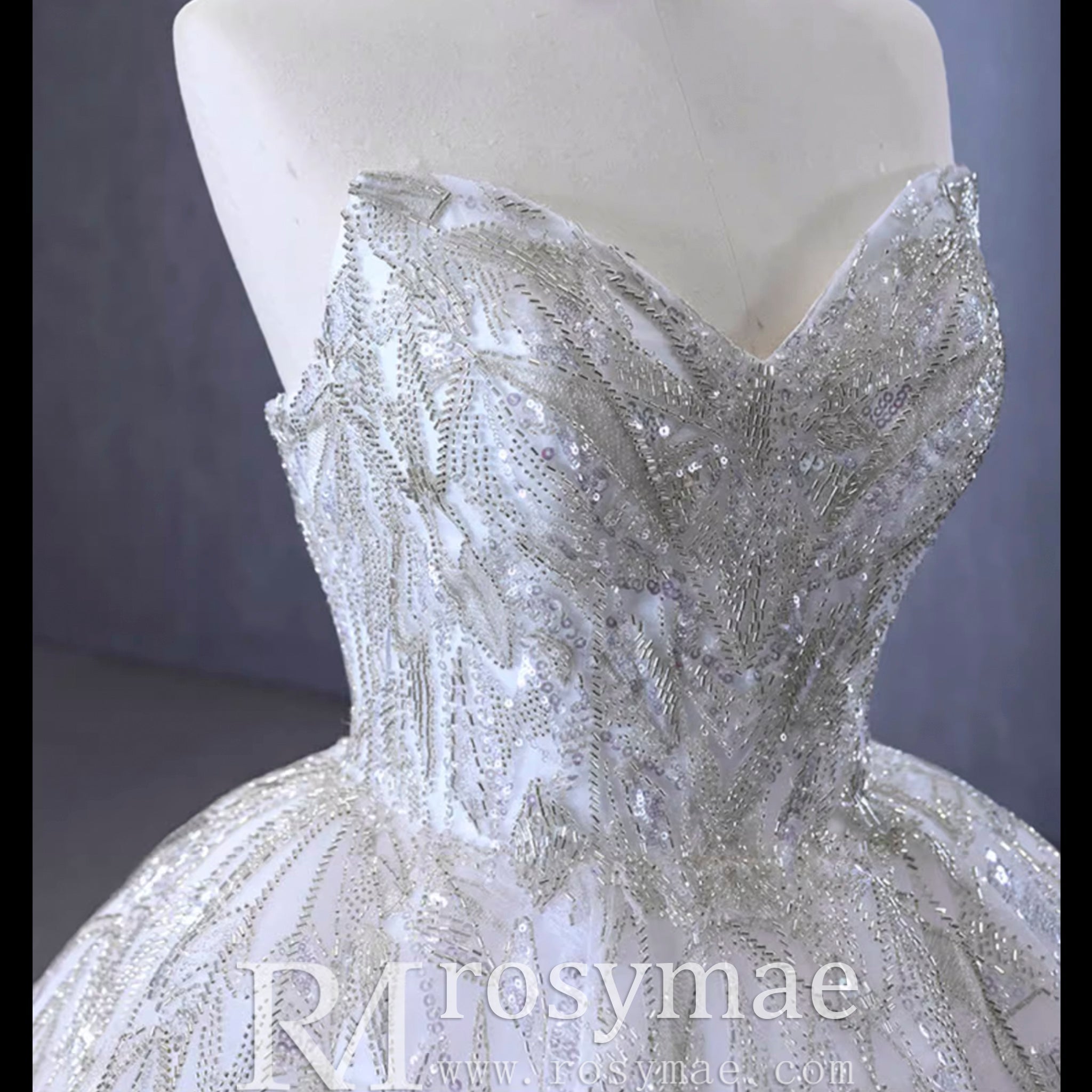 Beaded Lace Apliqued Ball Gown Wedding Dress Strapless Bridal Gown - Rosymae