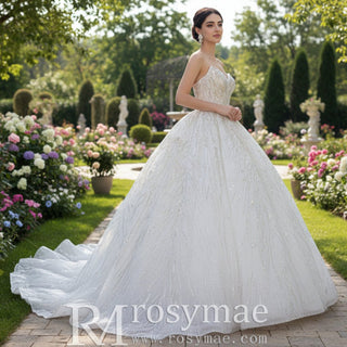Beaded Lace Apliqued Ball Gown Wedding Dress Strapless Bridal Gown - Rosymae