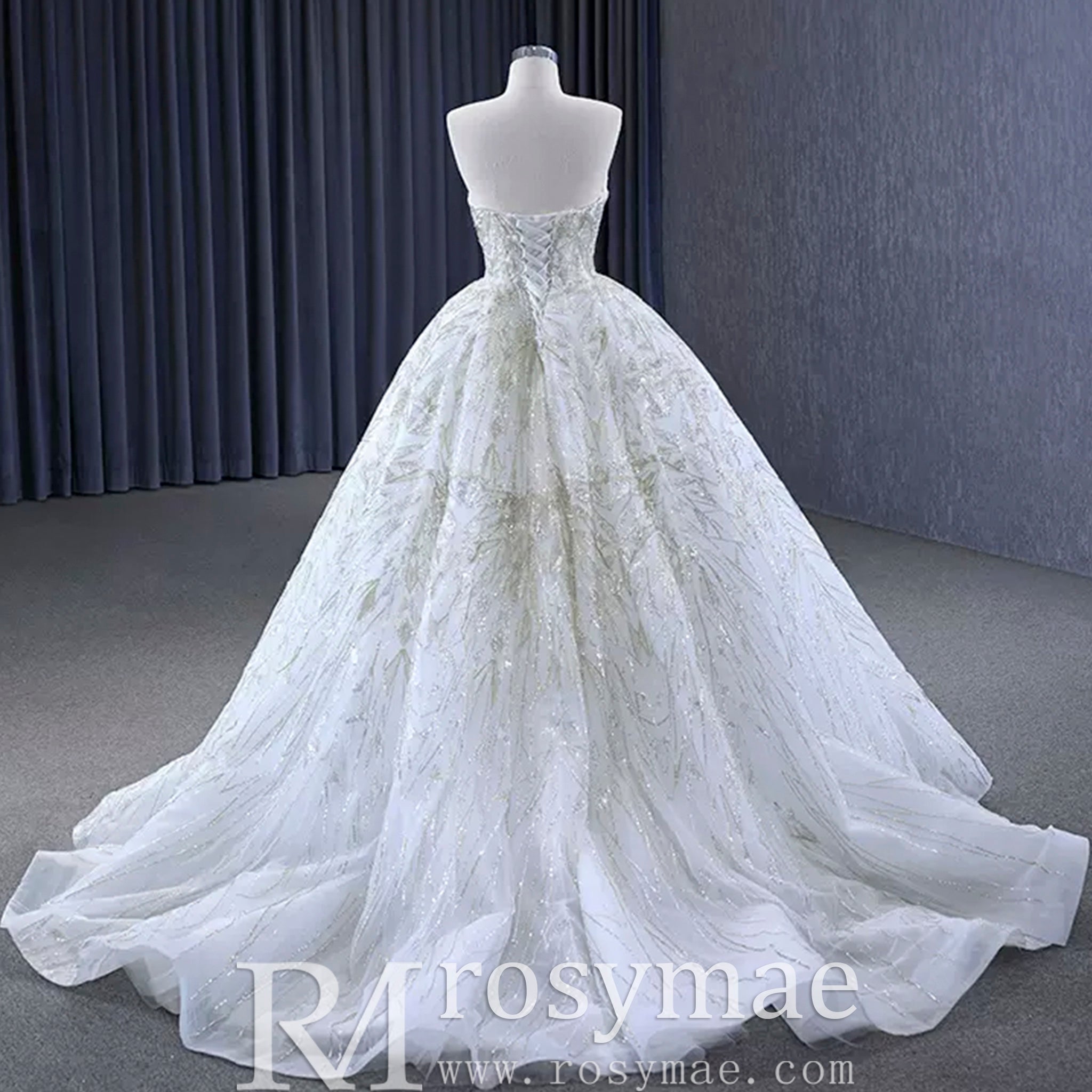 Beaded Lace Apliqued Ball Gown Wedding Dress Strapless Bridal Gown - Rosymae