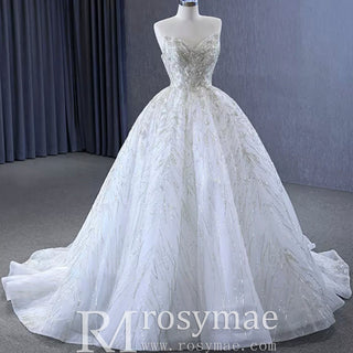 Beaded Lace Apliqued Ball Gown Wedding Dress Strapless Bridal Gown - Rosymae