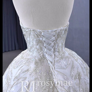 Beaded Lace Apliqued Ball Gown Wedding Dress Strapless Bridal Gown - Rosymae