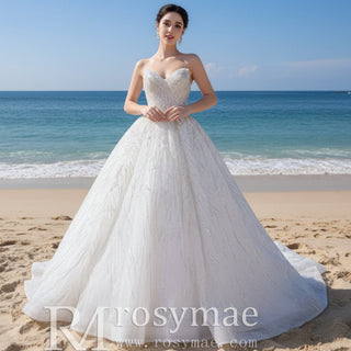 Beaded Lace Apliqued Ball Gown Wedding Dress Strapless Bridal Gown - Rosymae