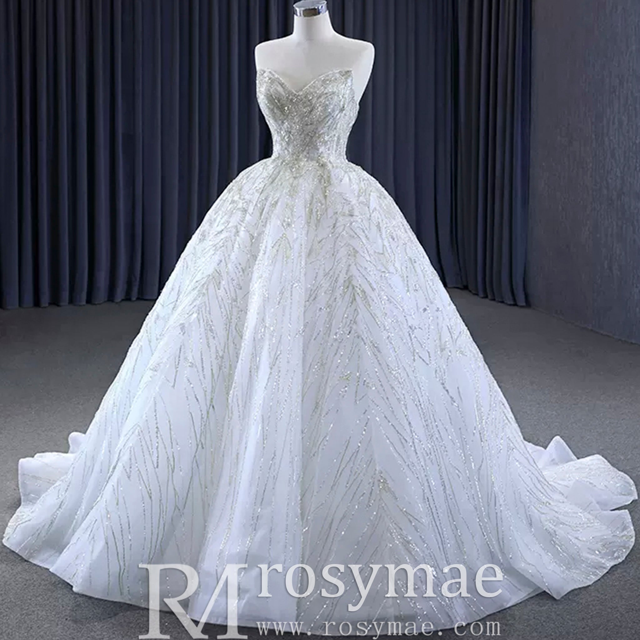 Beaded Lace Apliqued Ball Gown Wedding Dress Strapless Bridal Gown - Rosymae
