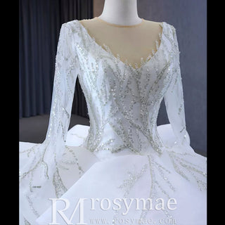 Beaded Lace Apliqued Ruffled Wedding Dresses Long Sleeve Bridal Gown - Rosymae